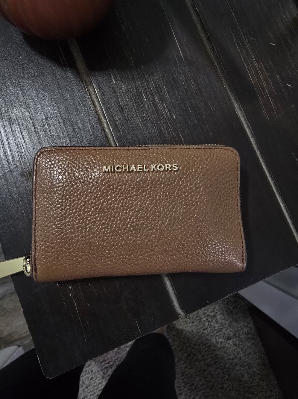Michael Kors Chestnut Brown Pebbled Leather Zip Wallet with Gold Logo